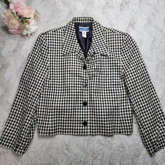 Pendleton Classic Black White Houndstooth Button Crop Blazer Jacket Size 14 - Picture 1 of 11